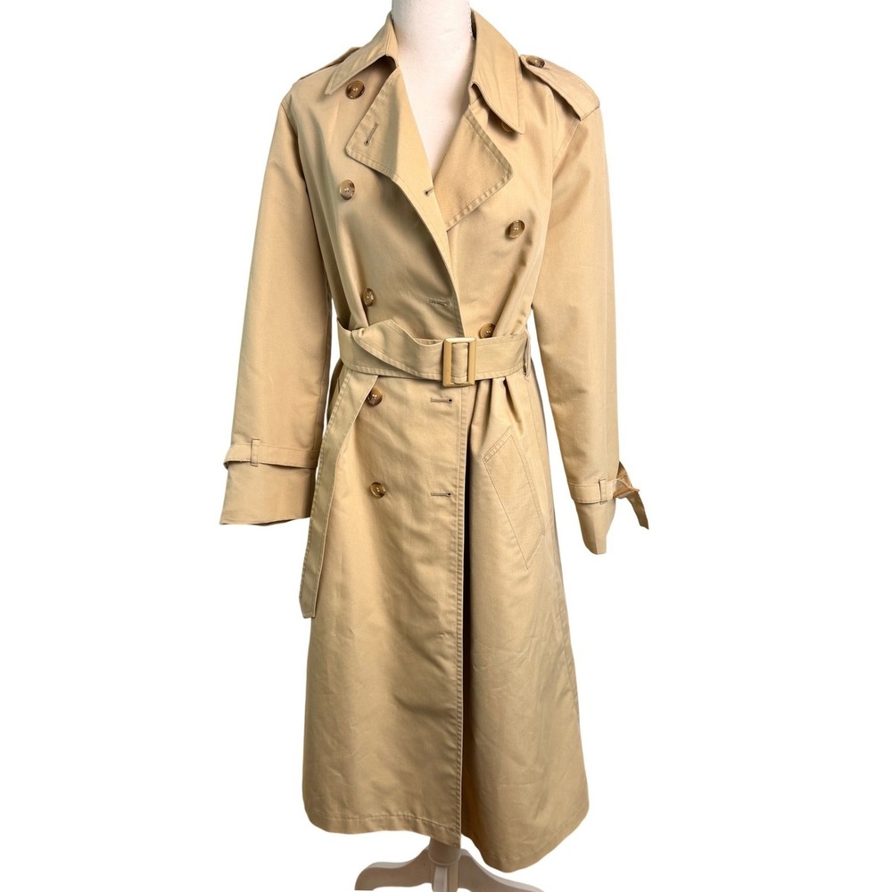 Vintage Long Trench Coat Womens 10 Tan Belted Double Breasted Old Money Preppy